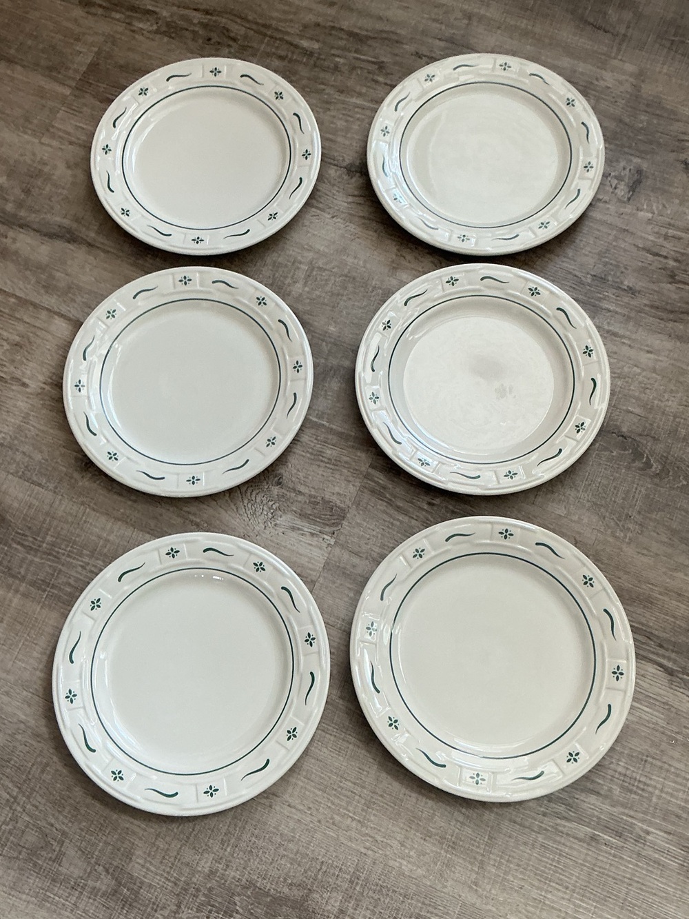 Vintage Longaberger Set Of 6 Basket Weave Green Stoneware 10 Inch Dinner Plates
